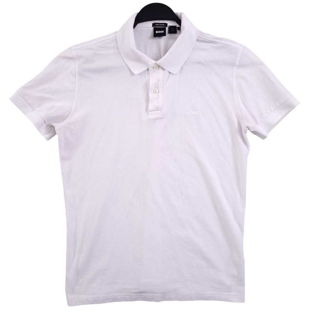 Hugo Boss Polo Shirt Men L White Solid Firenze Logo Pima Cotton Pique Knit